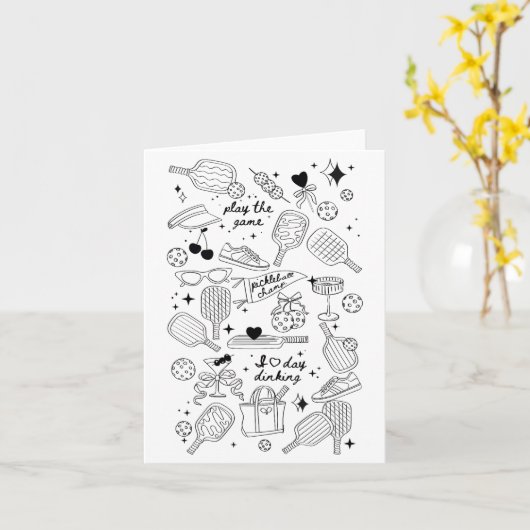 Pickleball-Kritzeleien in Schwarz auf Beige Retro- Karte (Gelbe Blume)