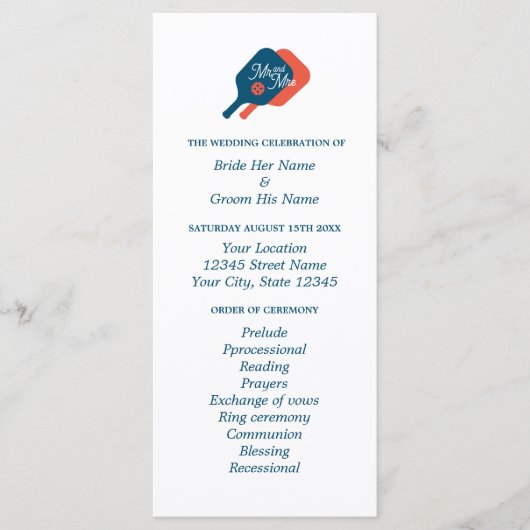 Pickleball Liebhaber Hochzeitsfeier Programm (Vorderseite)