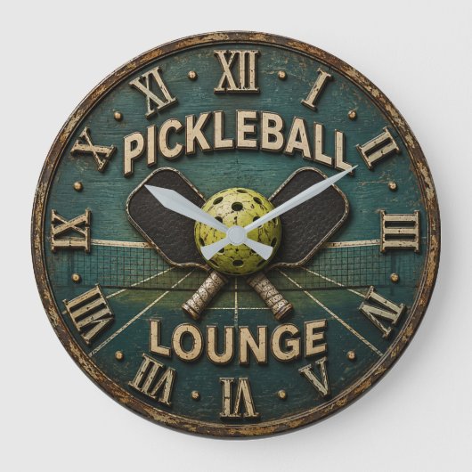 Pickleball Lounge Rustic Paddle & Ball Große Wanduhr (Vorderseite)