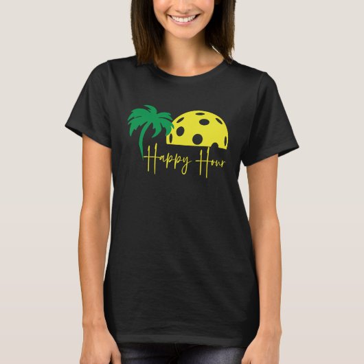 Pickleball Lover HAPPY HOUR Funny Huge Sunset Palm T-Shirt (Vorderseite)
