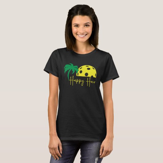 Pickleball Lover HAPPY HOUR Funny Huge Sunset Palm T-Shirt (Vorne ganz)