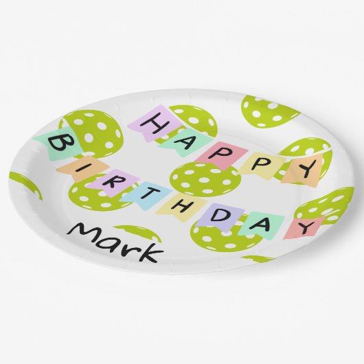 Pickleball mit Glückwunsch zum Geburtstag Pappteller (Schrägansicht)