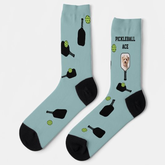 Pickleball Muster Pet Foto Aquamarin Personalisier Socken (Linkes Detail)