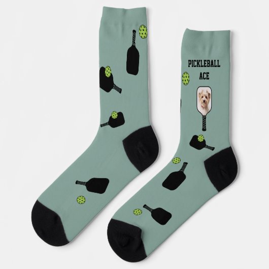 Pickleball Muster Pet Foto Grün Personalisiert Socken (Linkes Detail)