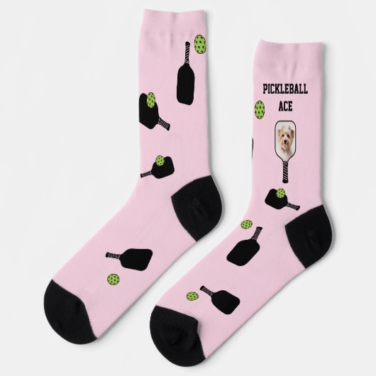 Pickleball Muster Pet Foto Rosa Personalisiert Socken (Linkes Detail)