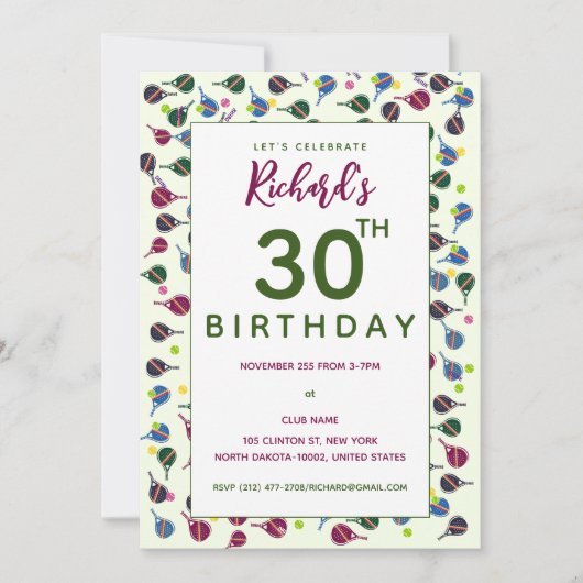 Pickleball Muster Stil farbenfroh Pickleball Gebur Einladung (Vorderseite)