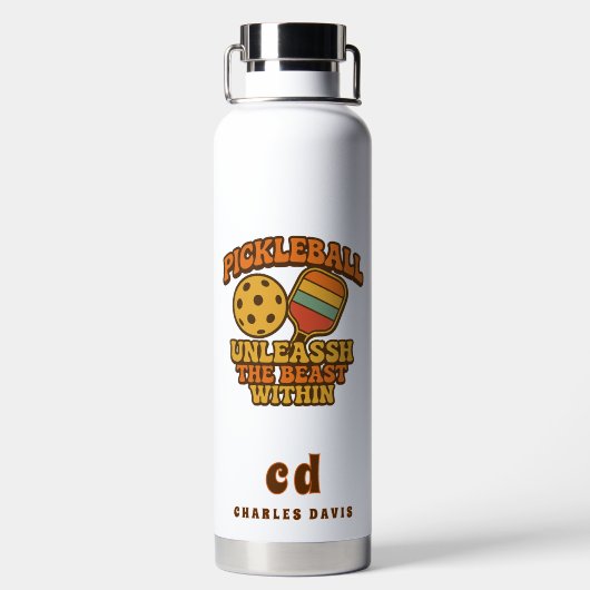 Pickleball Orange fun Zitat Retro-Monogramm Trinkflasche (Rückseite)