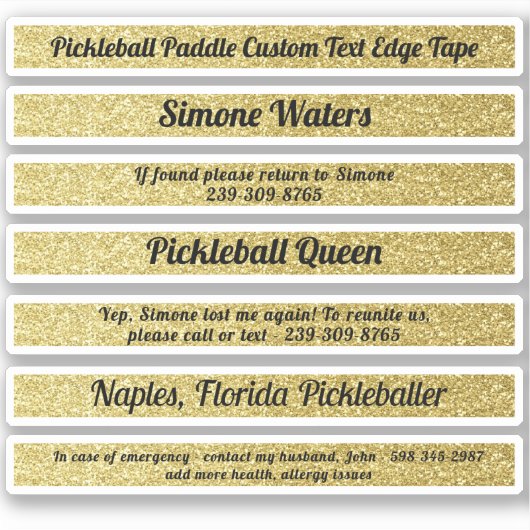 Pickleball Paddle Edge Tape Individuelle Name Gold Aufkleber (Vorderseite)