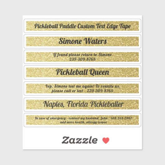 Pickleball Paddle Edge Tape Individuelle Name Gold Aufkleber (Blatt)