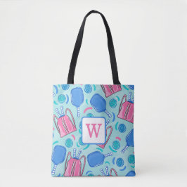 Pickleball Paddle und Balls Blue Preppy Monogram Tasche
