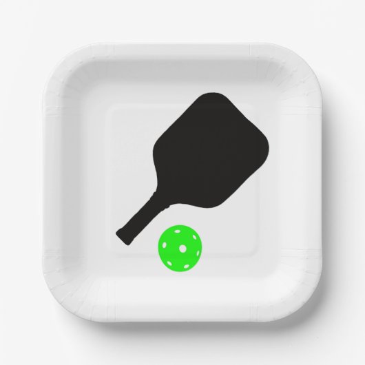 Pickleball-Paddle und grüne Bälle Pappteller (Vorderseite)