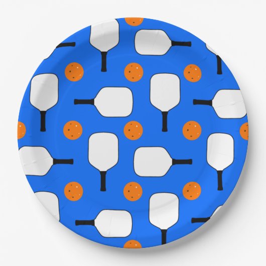 Pickleball Paddles, Orange Pickleball Balls, blau Pappteller (Vorderseite)