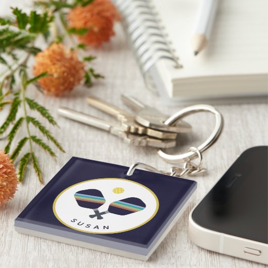 Pickleball Paddles Personalisiert Name Blue Yellow Schlüsselanhänger (Vorderseite rechts)