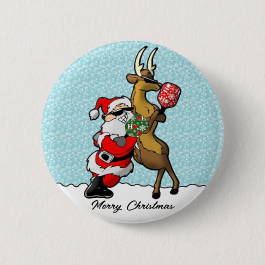 Pickleball Partners Santa & Reindeer Sleighing It Button (Vorderseite)