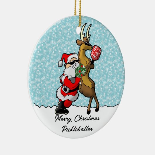 Pickleball Partners Santa & Reindeer Sleighing It Keramik Ornament (Rechts)