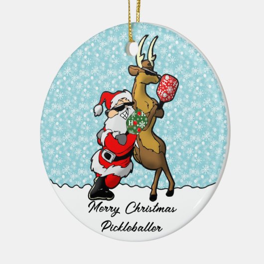 Pickleball Partners Santa & Reindeer Sleighing It Keramik Ornament (Links)