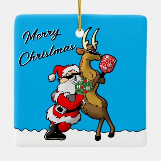 Pickleball Partners Santa & Reindeer Sleighing It Keramikornament (Rückseite)