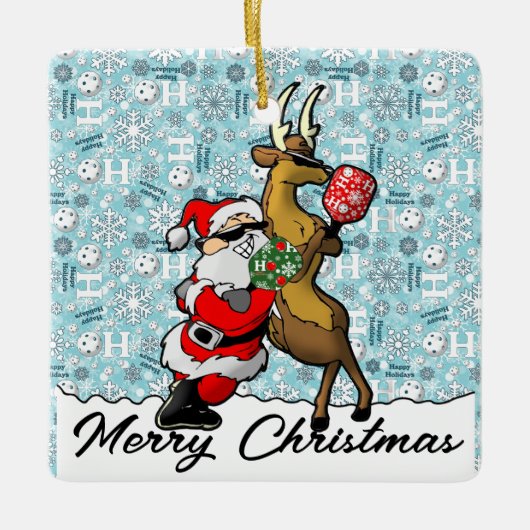 Pickleball Partners Santa & Reindeer Sleighing It Keramikornament (Vorderseite)