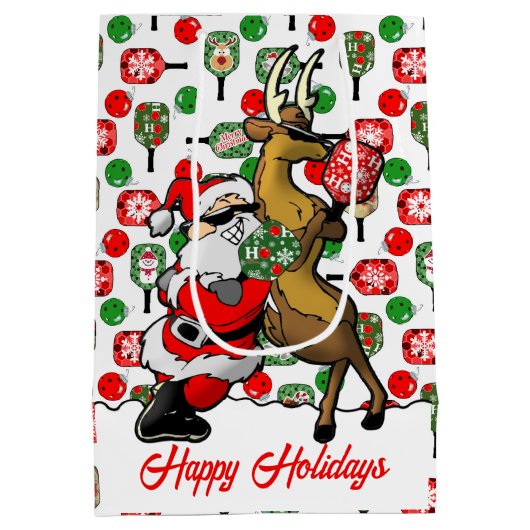 Pickleball Partners Santa & Reindeer Sleighing It Mittlere Geschenktüte (Rückseite)