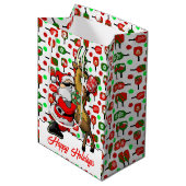Pickleball Partners Santa & Reindeer Sleighing It Mittlere Geschenktüte (Vorderseite Schrägansicht)