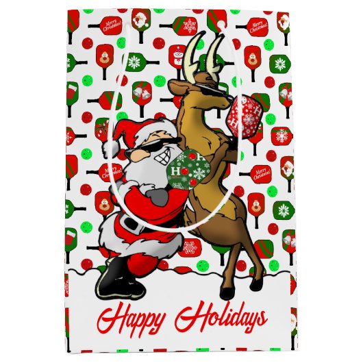 Pickleball Partners Santa & Reindeer Sleighing It Mittlere Geschenktüte (Vorderseite)