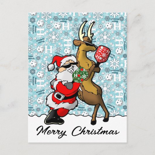 Pickleball Partners Santa & Reindeer Sleighing It Postkarte (Vorderseite)