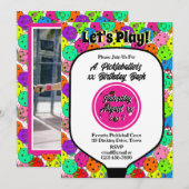 Pickleball Party Balloons Confetti Magenta Foto Einladung (Vorne/Hinten)