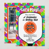 Pickleball Party Balloons Confetti Orange Foto Einladung (Vorne/Hinten)