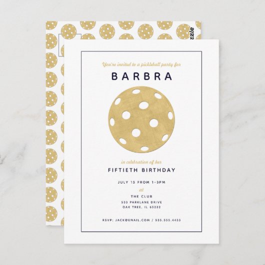 Pickleball Party Chic Gold Black Party Einladung Postkarte (Vorne/Hinten)