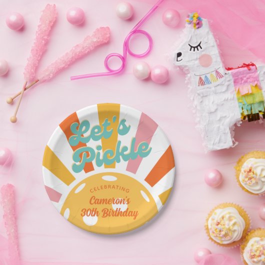 Pickleball Party Farbenfrohe Retro Sonnenstrahlen Pappteller (Party)