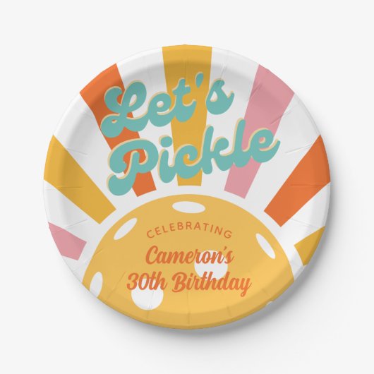 Pickleball Party Farbenfrohe Retro Sonnenstrahlen Pappteller (Vorderseite)