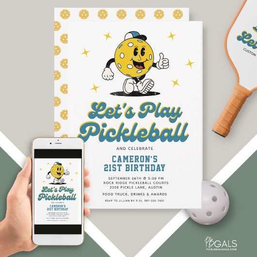Pickleball Party Funny Pickleball Cartoon Mascot Einladung