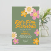 Pickleball Party Groovy Retro Rosa Orange Blume Einladung (Stehend Vorderseite)