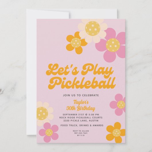 Pickleball Party Groovy Retro Rosa Orange Blume Einladung (Vorderseite)