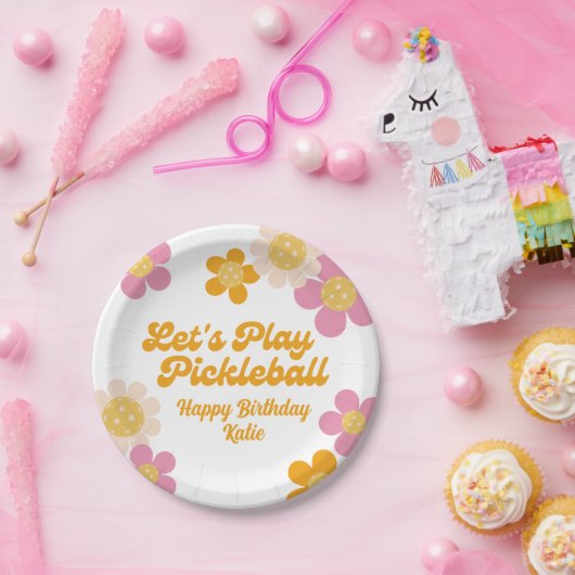 Pickleball Party Groovy Retro Rosa Orange Blume Pappteller (Party)