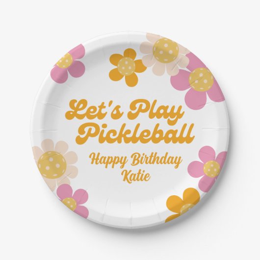 Pickleball Party Groovy Retro Rosa Orange Blume Pappteller (Vorderseite)