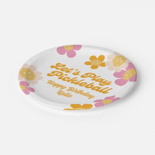Pickleball Party Groovy Retro Rosa Orange Blume Pappteller (Schrägansicht)