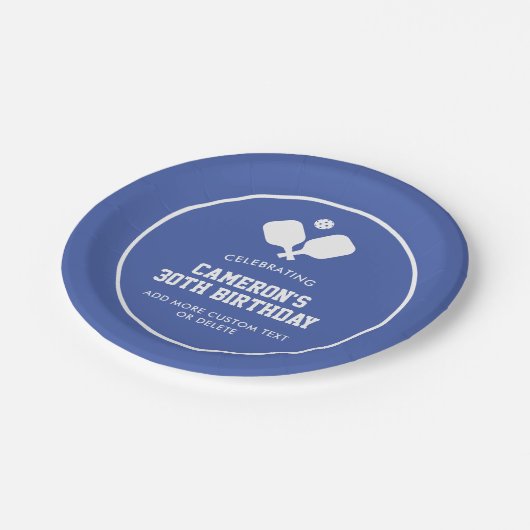 Pickleball Party Paddles Blue White Custom Pappteller (Schrägansicht)