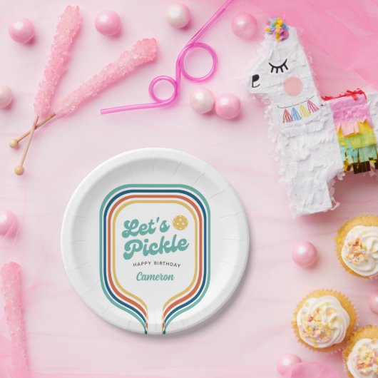 Pickleball-Party Pickle Retro-Regenbogenstreifen Pappteller (Party)