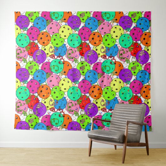 Pickleball Party Pickleball Ballons auf Weiß Wandteppich (Beispiel (Horizontal))