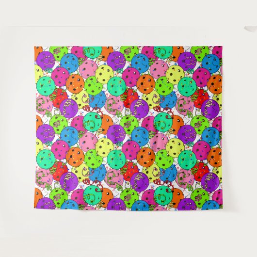 Pickleball Party Pickleball Ballons auf Weiß Wandteppich (Vorderseite (Horizontal))