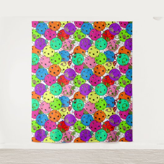 Pickleball Party Pickleball Ballons auf Weiß Wandteppich (Vorderseite)