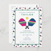 Pickleball Party Sports Blue Green Einladung Post Postkarte (Vorne/Hinten)