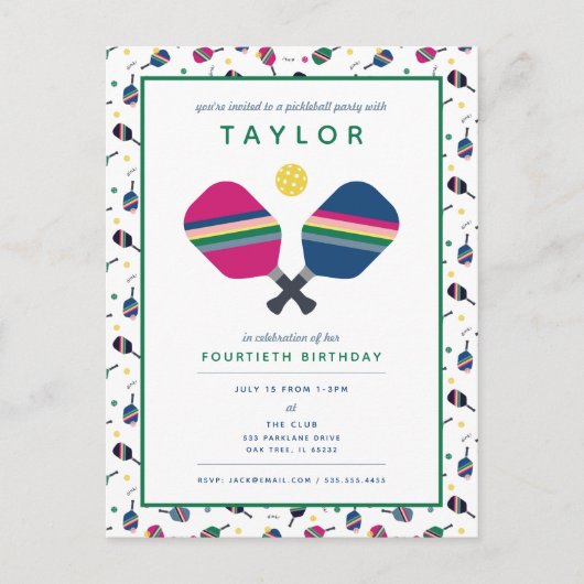 Pickleball Party Sports Blue Green Einladung Post Postkarte (Vorderseite)