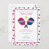 Pickleball Party Sports Blue Pink Einladung Postkarte (Vorne/Hinten)