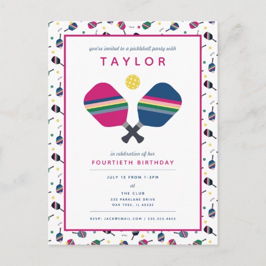 Pickleball Party Sports Blue Pink Einladung Postkarte (Vorderseite)