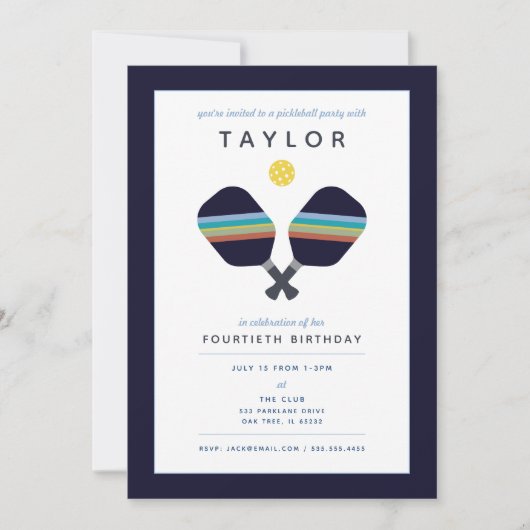 Pickleball Party Sports Dark Blue Strip Paddles Einladung (Vorderseite)