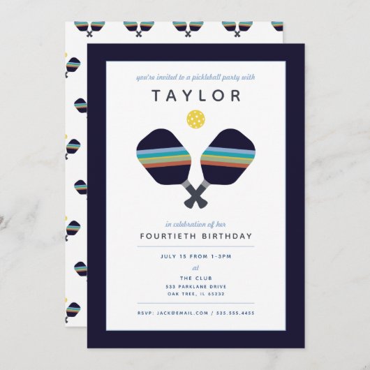 Pickleball Party Sports Dark Blue Strip Paddles Einladung (Vorne/Hinten)