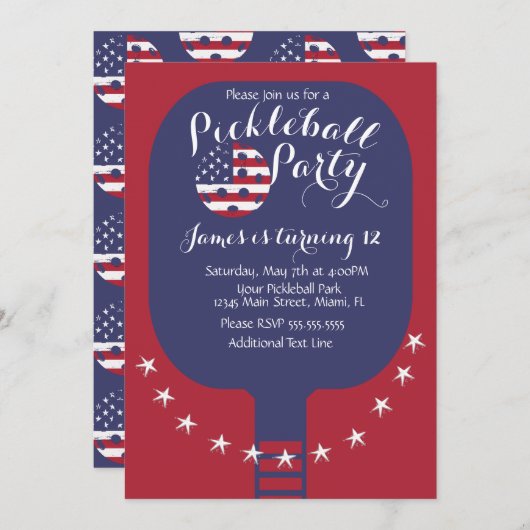 Pickleball Party US Flagge Patriotic Einladung (Vorne/Hinten)