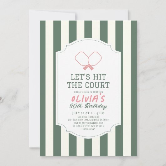 Pickleball Pink & Green Streifen Erwachsene Geburt Einladung (Vorderseite)